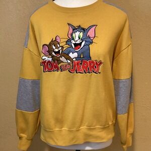 Vintage Tom and Jerry Crewneck Sweatshirt, Yellow and Gray, Embroidered, SZ Med.